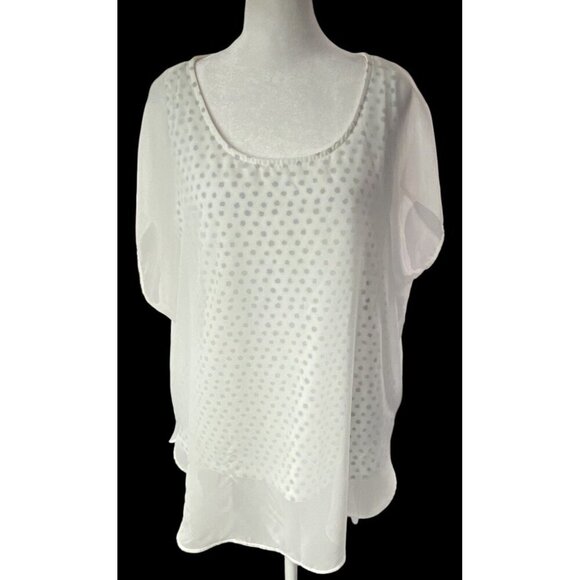 CHICO'S Women Top Sz 2X White Short Wide Sleeves Polka Dot Sheer Overlay 50-4 - Picture 2 of 16